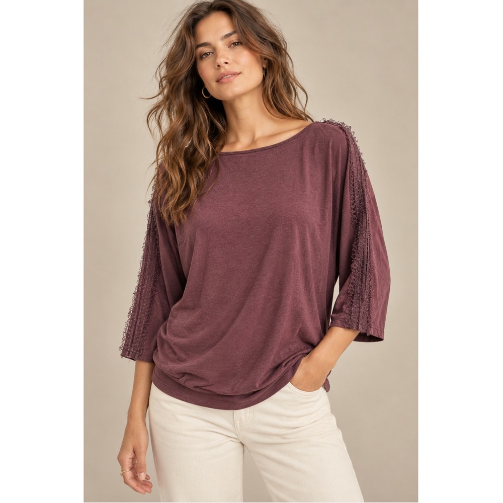 Garnet Hill Top S Plum Heather Lace Trim 3/4 Sleeve Banded Hem Romantic Feminine